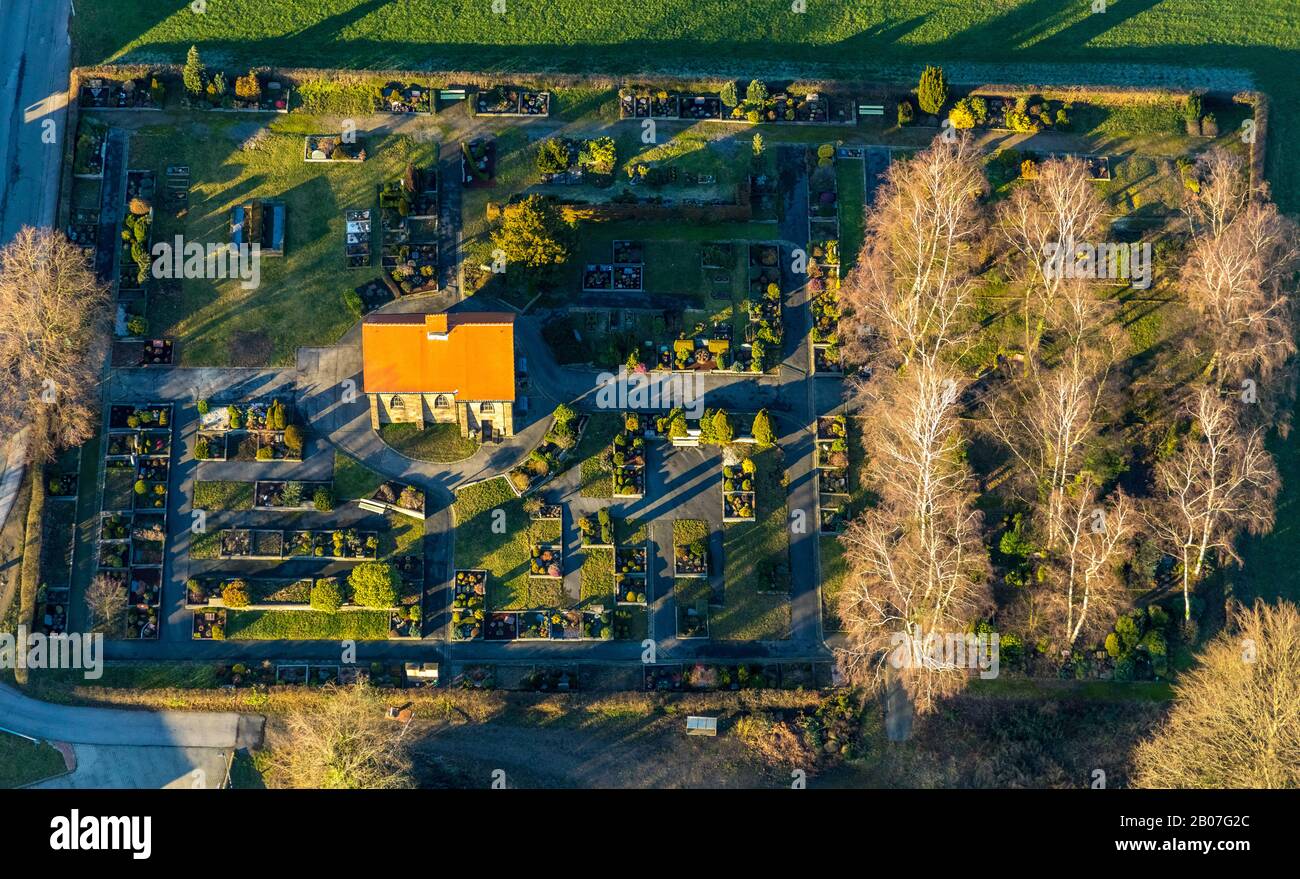 Aerial photograph, funeral hall and cemetery Linderhausen, Linderhausen, Schwelm, Ruhr area, North Rhine-Westphalia, Germany, burial place, DE, Europe Stock Photo
