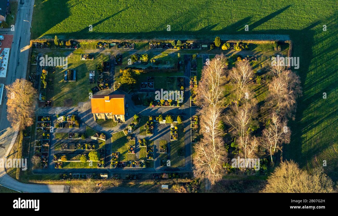 Aerial photograph, funeral hall and cemetery Linderhausen, Linderhausen, Schwelm, Ruhr area, North Rhine-Westphalia, Germany, burial place, DE, Europe Stock Photo