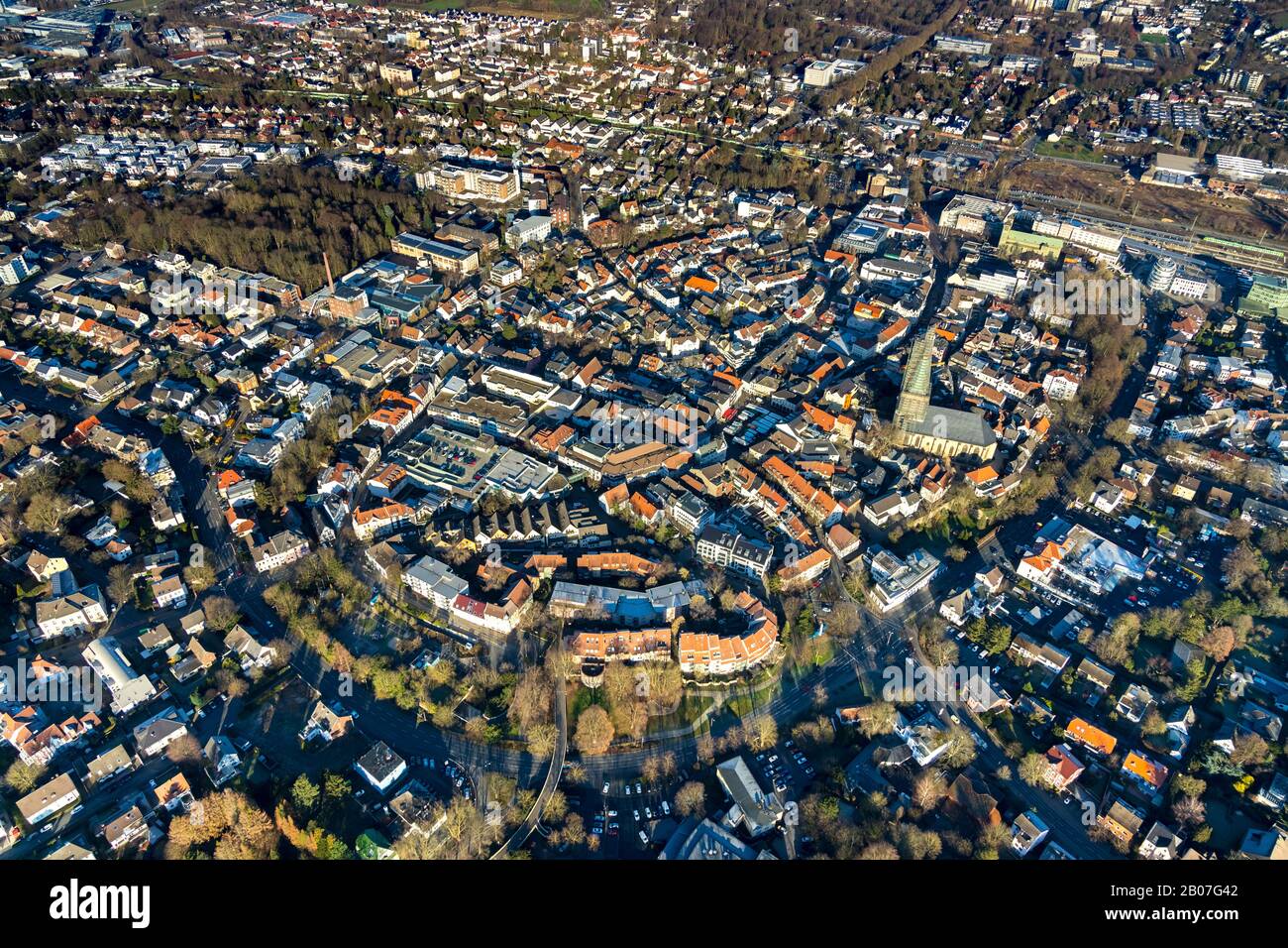 Aerial view, market day in the city centre of Unna, market at the Alter Markt, market place, , Unna, Ruhr area, North Rhine-Westphalia, Germany, DE, E Stock Photo