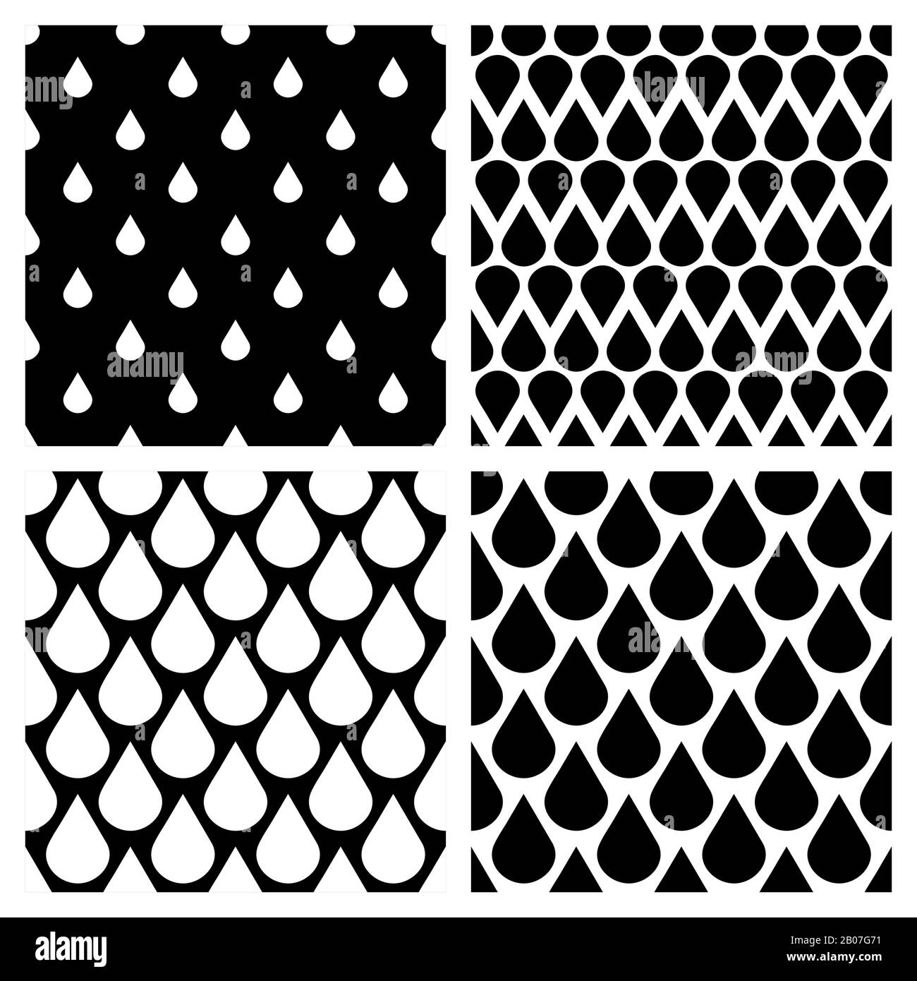 Set of vector water drops seamless patterns in black and white. Background rain water illustration Stock Vector