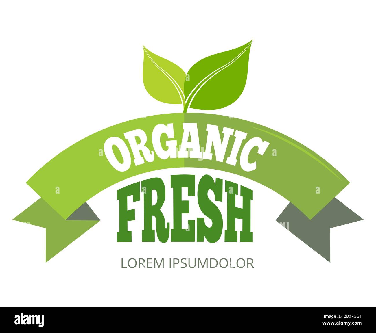 Organic fresh natural eco label with ribbon and leaf. Vector illustration Stock Vector