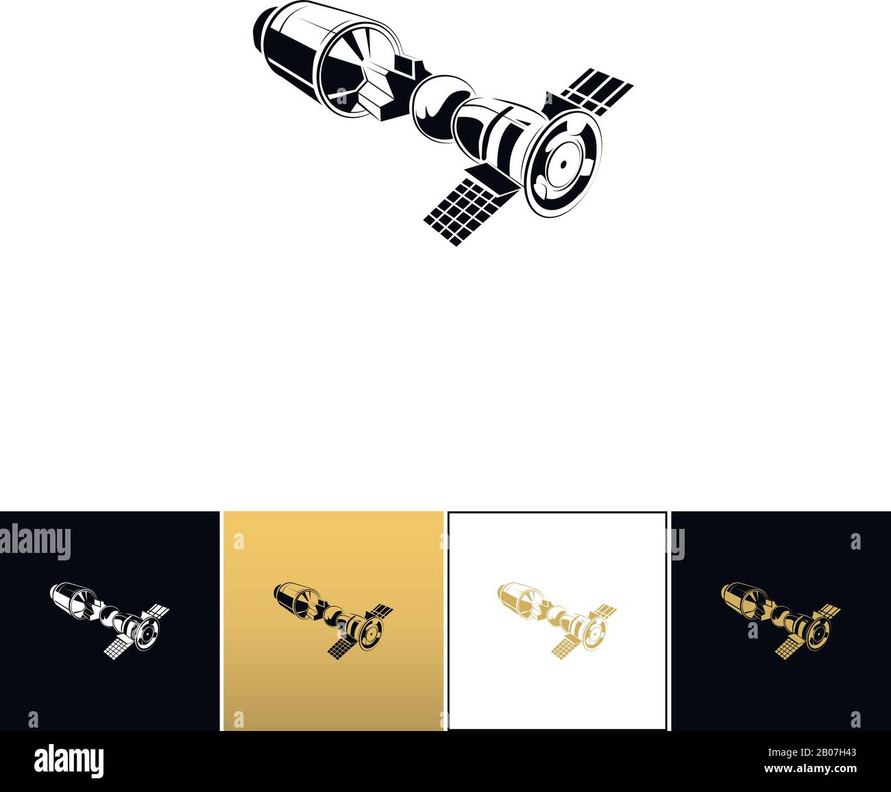 Space station vector icon. Space station program on black, white and gold background Stock Vector