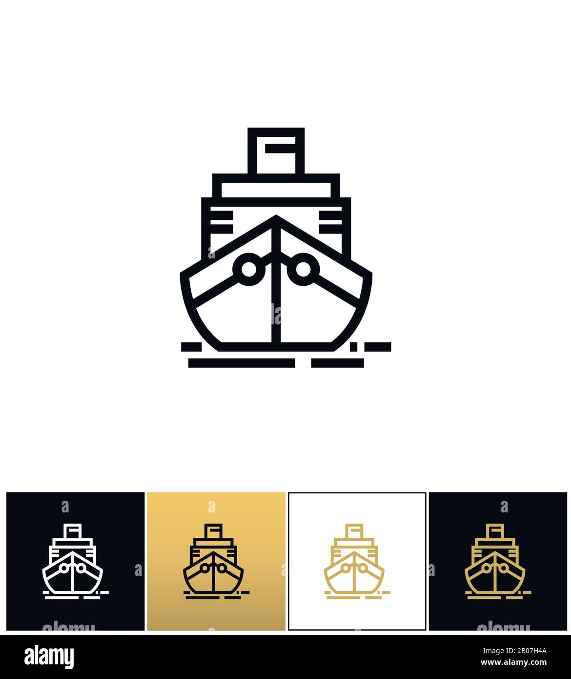 Cargo ship sign or cruise shipping vector icons on black, white and gold backgrounds Stock Vector