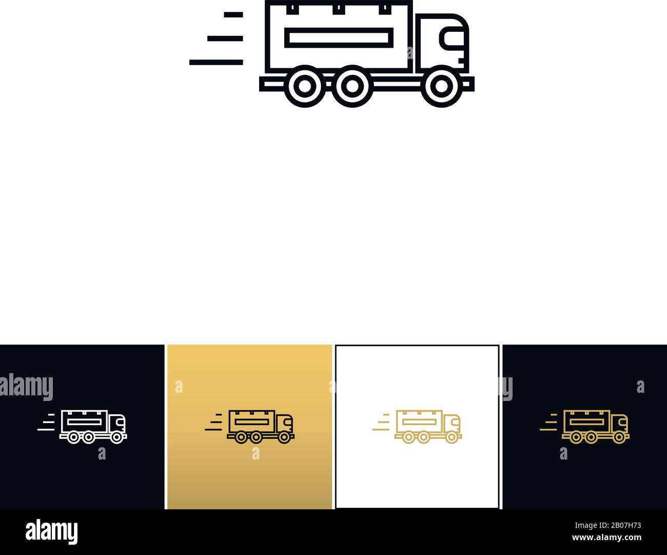 Speeding delivery symbol or truck linear vector icon. Speeding delivery symbol or truck linear program on black, white and gold background Stock Vector