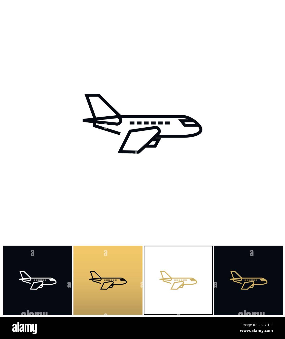 Air plane pictogram, jet or aeroplane vector icons on black, white and gold backgrounds Stock Vector