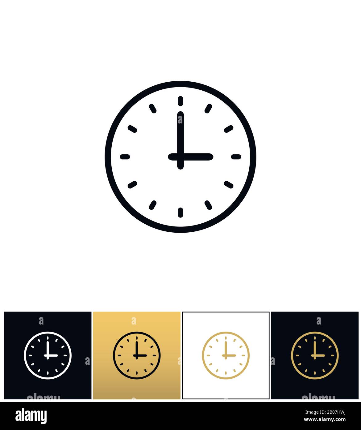 Clock sign or simple time vector icons on black, white and gold backgrounds Stock Vector