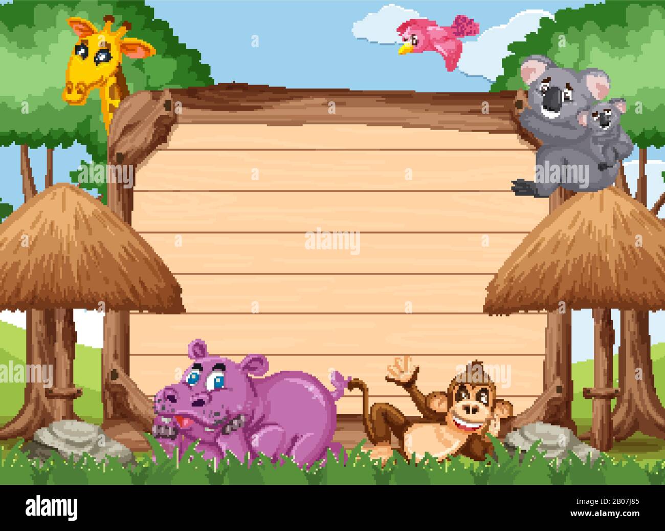 Wooden sign template with many wild animals in the park illustration ...