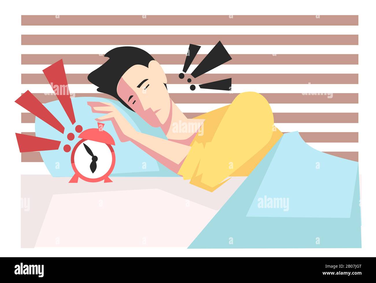 Waking up with alarm clock, man stressing in bed Stock Vector