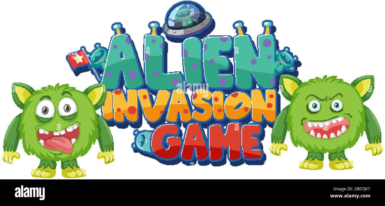 Sticker template for word alien invasion game illustration Stock Vector