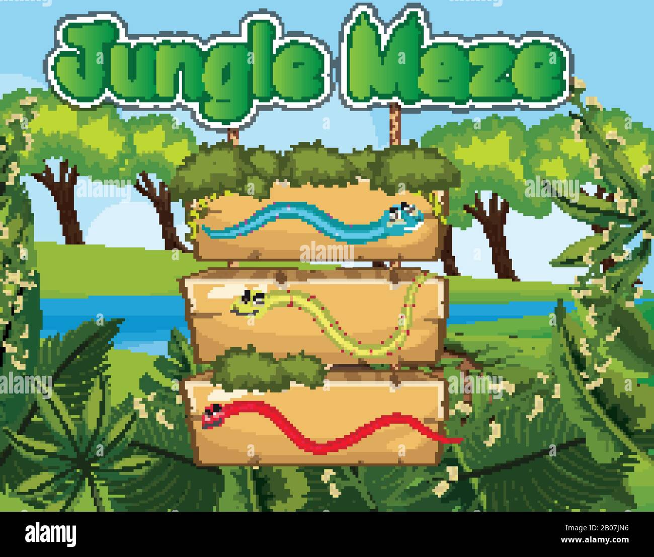 Jungle maze game design with snakes and jungle background illustration