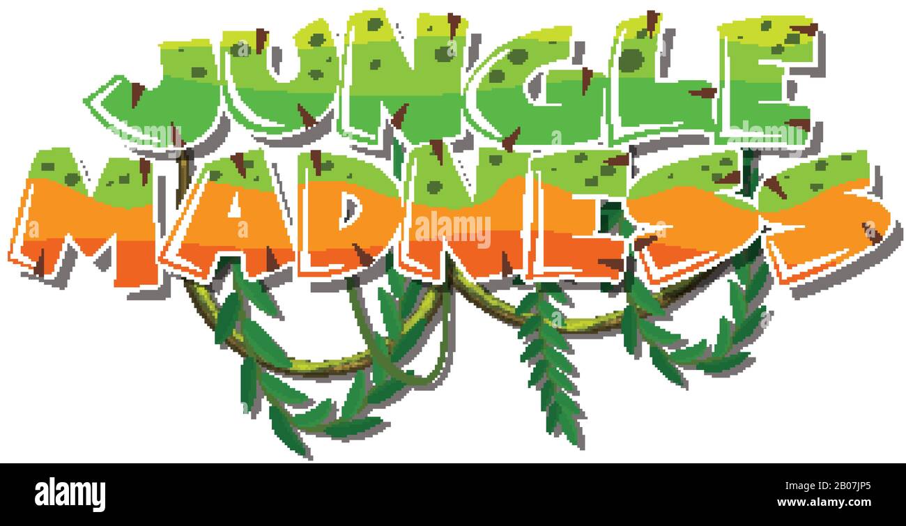 Sticker template for word jungle madness with vine hanging illustration
