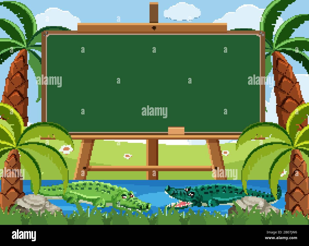 Blackboard template design with two crocodile swimming in the river ...