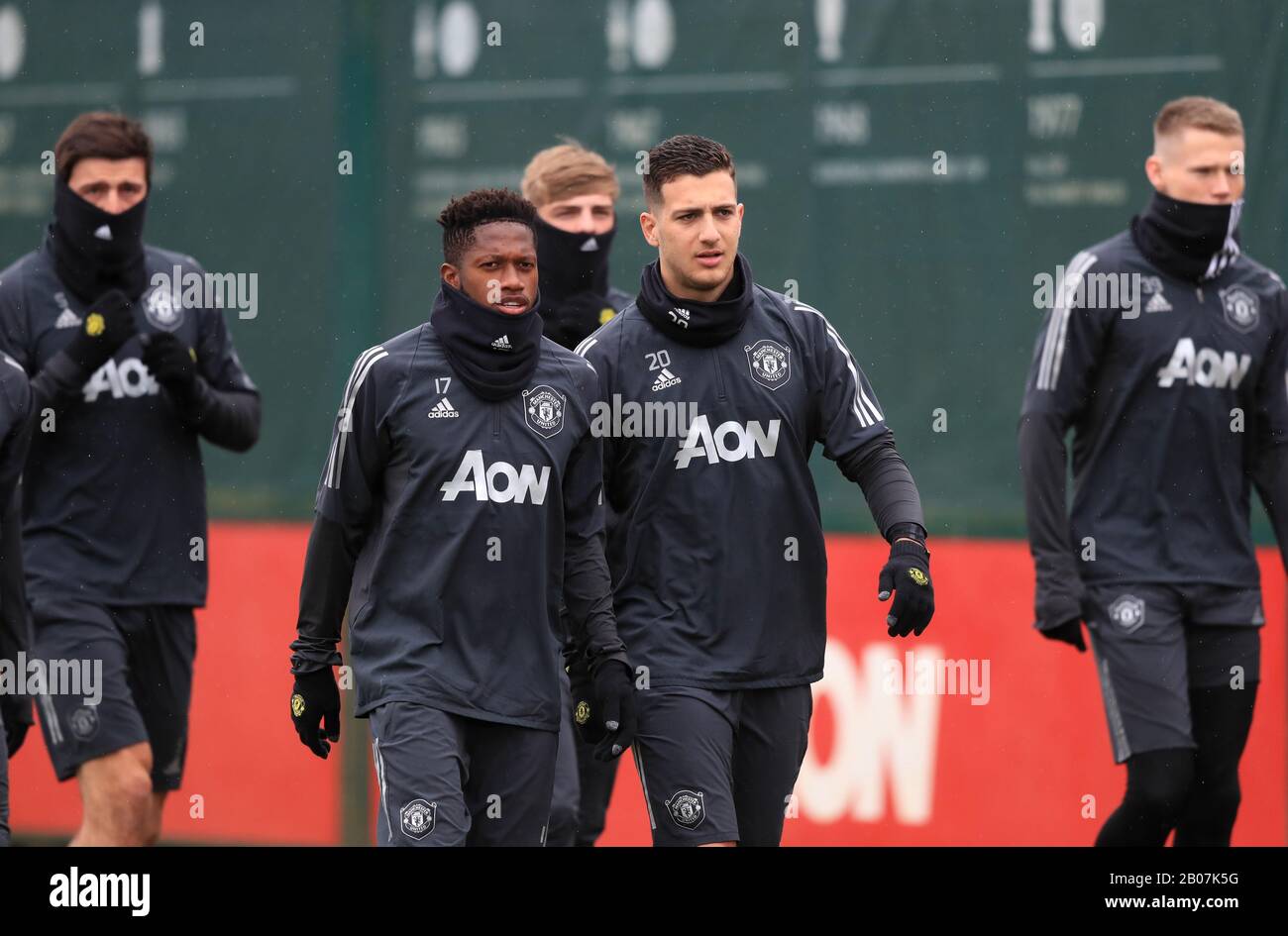 Manchester United's Fred (centre left) and Diogo Dalot (centre right) during the training session at the Aon Training Complex, Manchester. Stock Photo