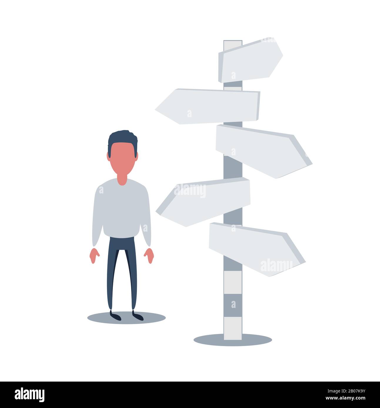 Businessman is looking at direction signs. Choices and decision concept. Stock Vector