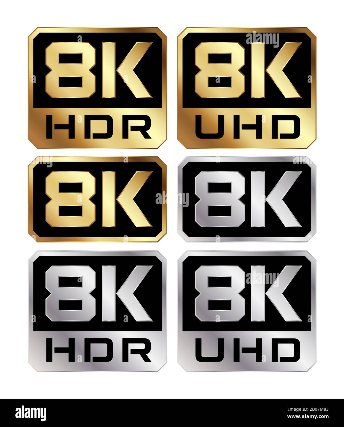 Vector illustration of 8K resolution logos in gold and silver Stock Vector