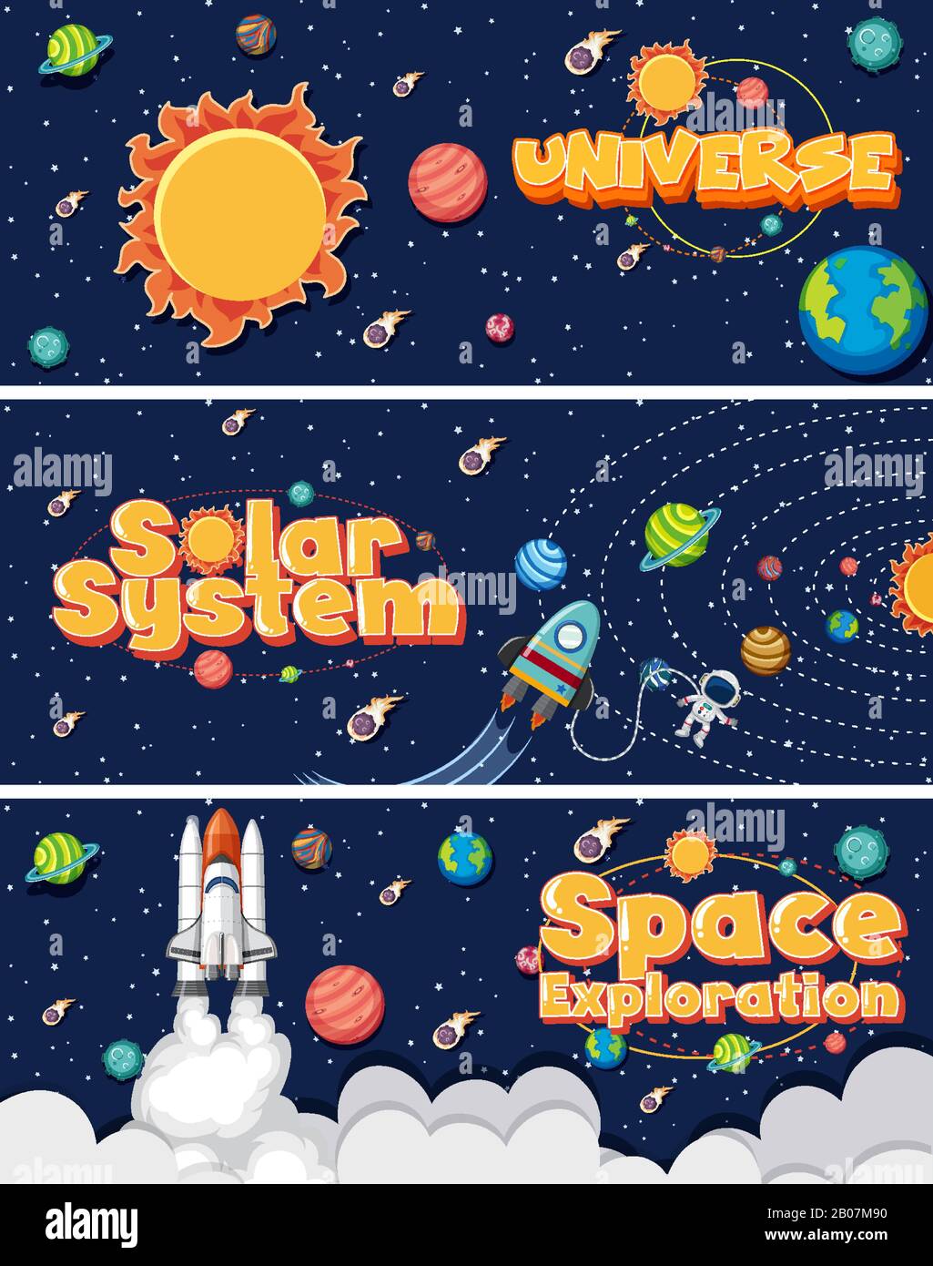 Three background design with many planets in solar system illustration