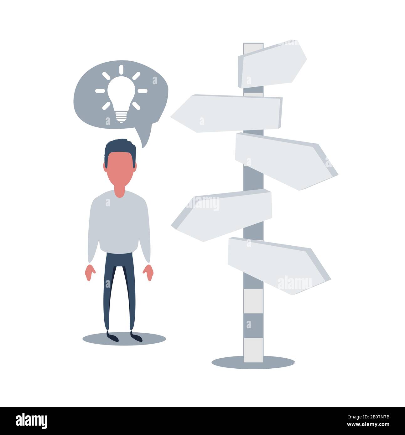Right direction. A businessman looks at arrows pointing to many directions. Stock Vector