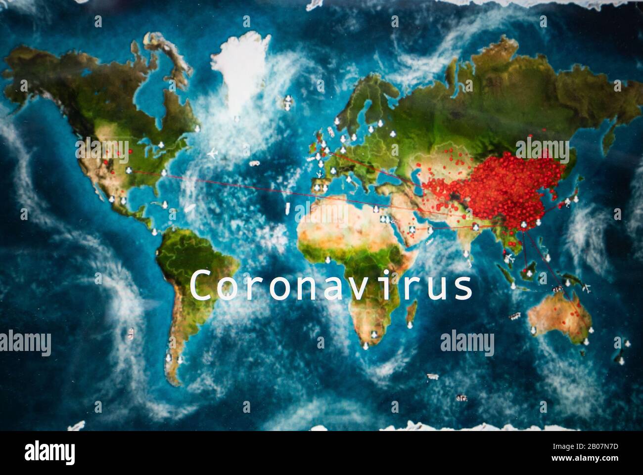 World map showing the spread of the Coronavirus starting from China, family of viruses that cause flu and cold like illness and death, Wuhan, epidemic Stock Photo