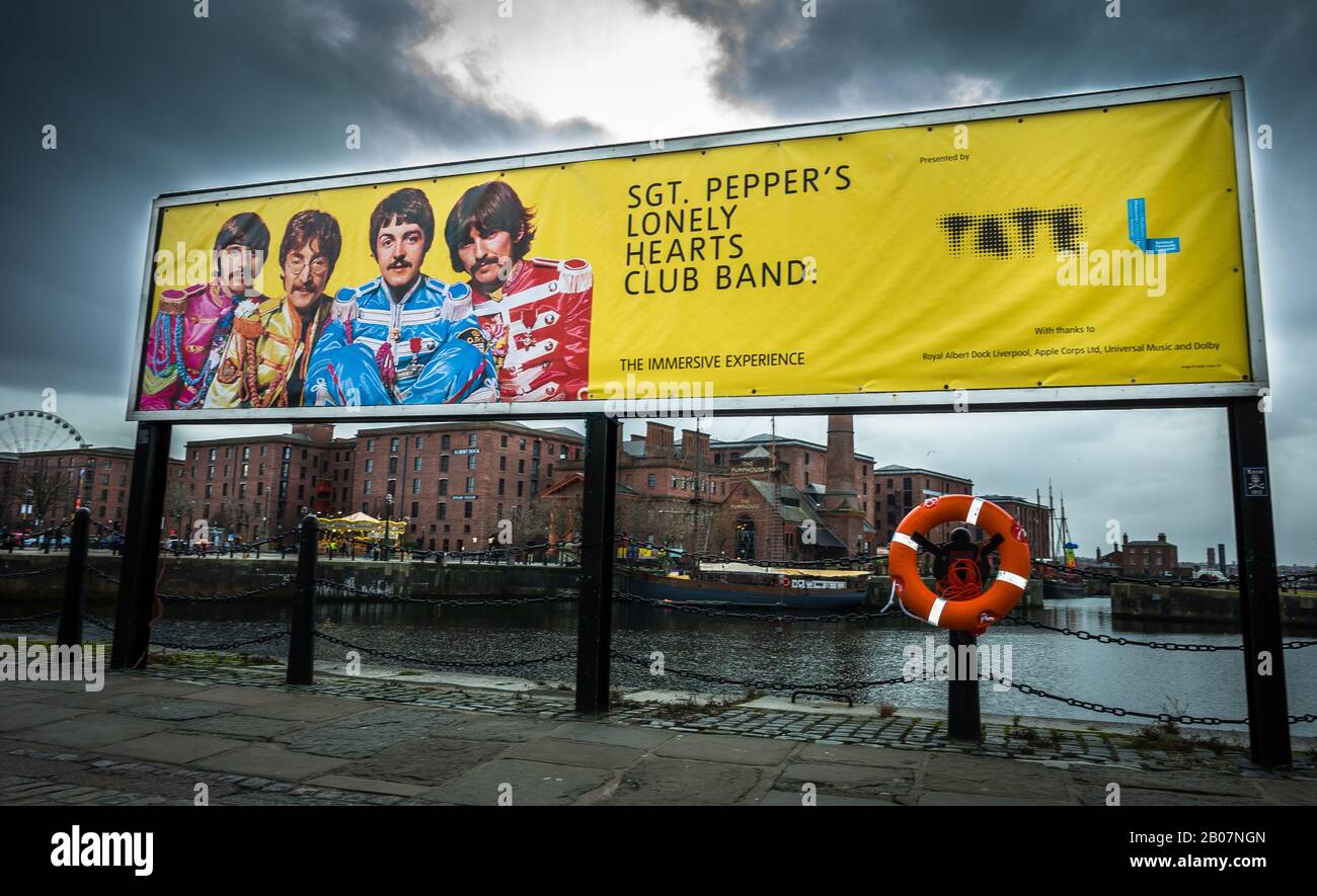 Liverpool, Merseyside, Uk Jan 8 2020: An advertisement by the Tate for the temporary immersive listening experience of the Beatles album Sgt. Pepper a Stock Photo