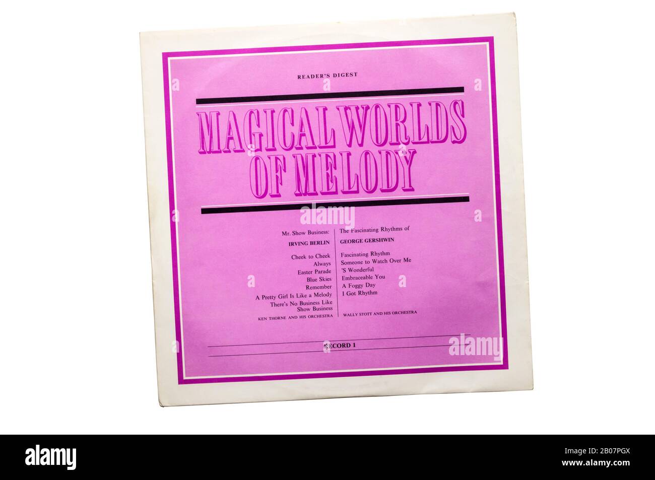 Magical Worlds of Melody was a 10 LP box set released by Readers Digest in 1963.  First record in set shown featuring Irving Berlin & George Gershwin. Stock Photo