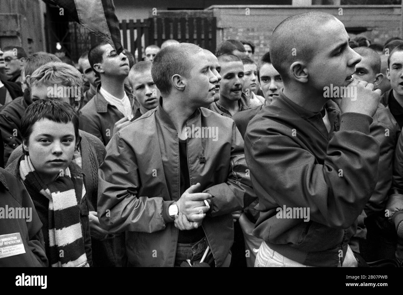 Skinhead teenagers 1980s fashion looking tough wearing Bomber Jackets London 1980  Group of teen Skinheads all dressed in the same style. UK Southwark, South London England circa 1980. HOMER SYKES Stock Photo