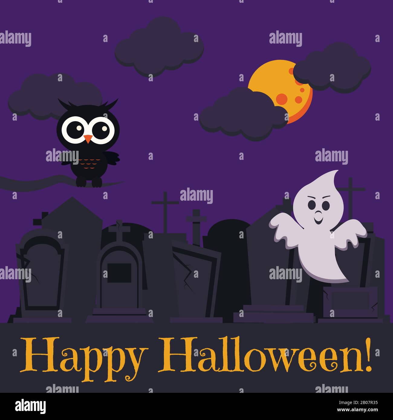 Happy Halloween greeting card with two cute characters black owl on dry branch and ghost flying near cemetery. Stock Vector