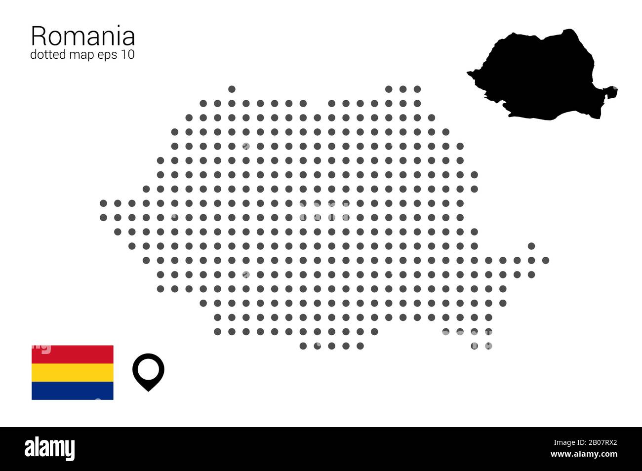 Map of Romania, vector drawing, dotted with flag and map marker. Illustration for design, web, infografrica, print, isolated on a removable white back Stock Vector