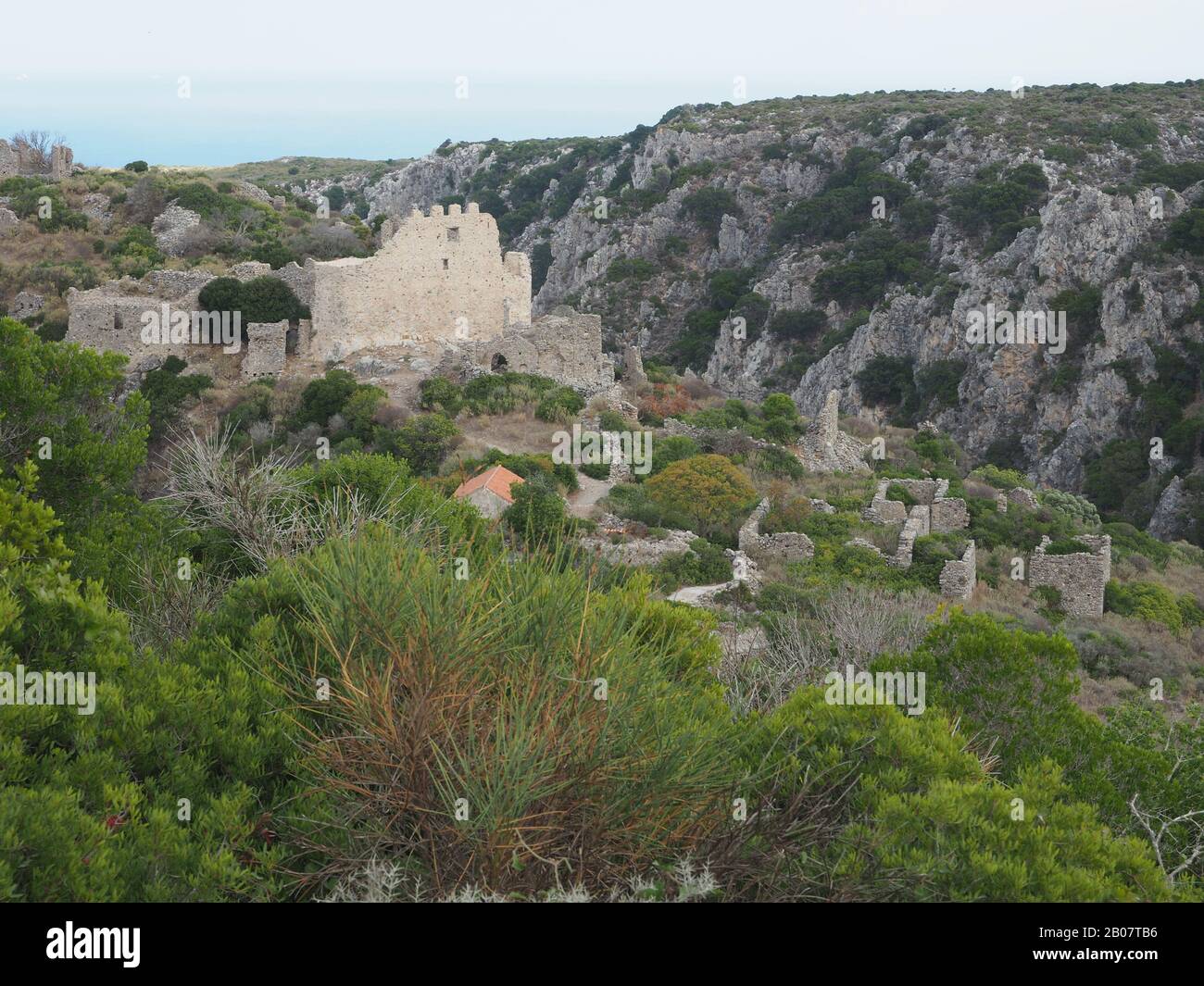 The ruined fortress/castle of Paleochora. Kythira's Byzantine capital built by Monemvasians in the 12th century and named the city of Agios Dimitrios. Stock Photo
