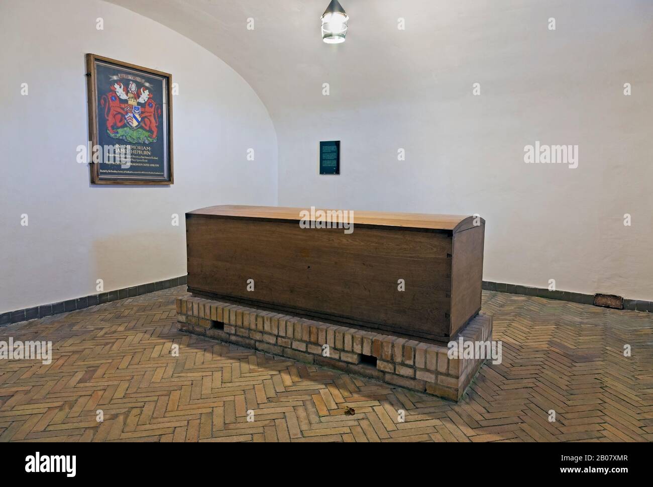 The Earl of Bothwell's coffin in the chapel under Fårevejle Kirke / Faarevejle Church near Dragsholm Castle in north-western part of Zealand, Denmark. Stock Photo