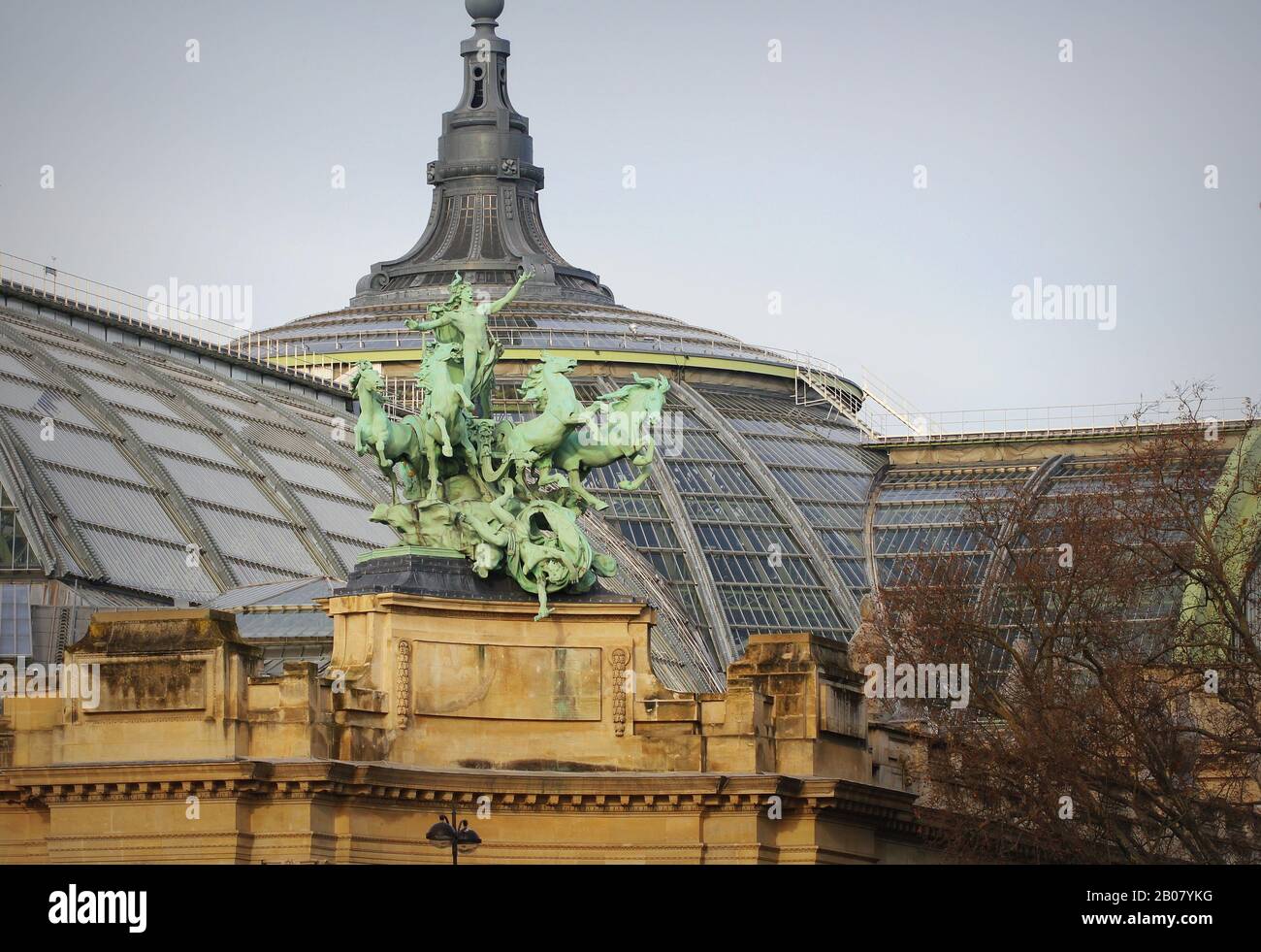 Quadriga by Georges Recipon, Grand Palais. Copper sculpture in the baroque style representing Harmony Triumphing Over Discord Stock Photo