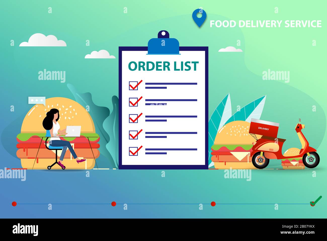 Business concept of food delivery service, staff is entering the order in laptop to prepare the food and ship to the customer by scooter. Stock Vector