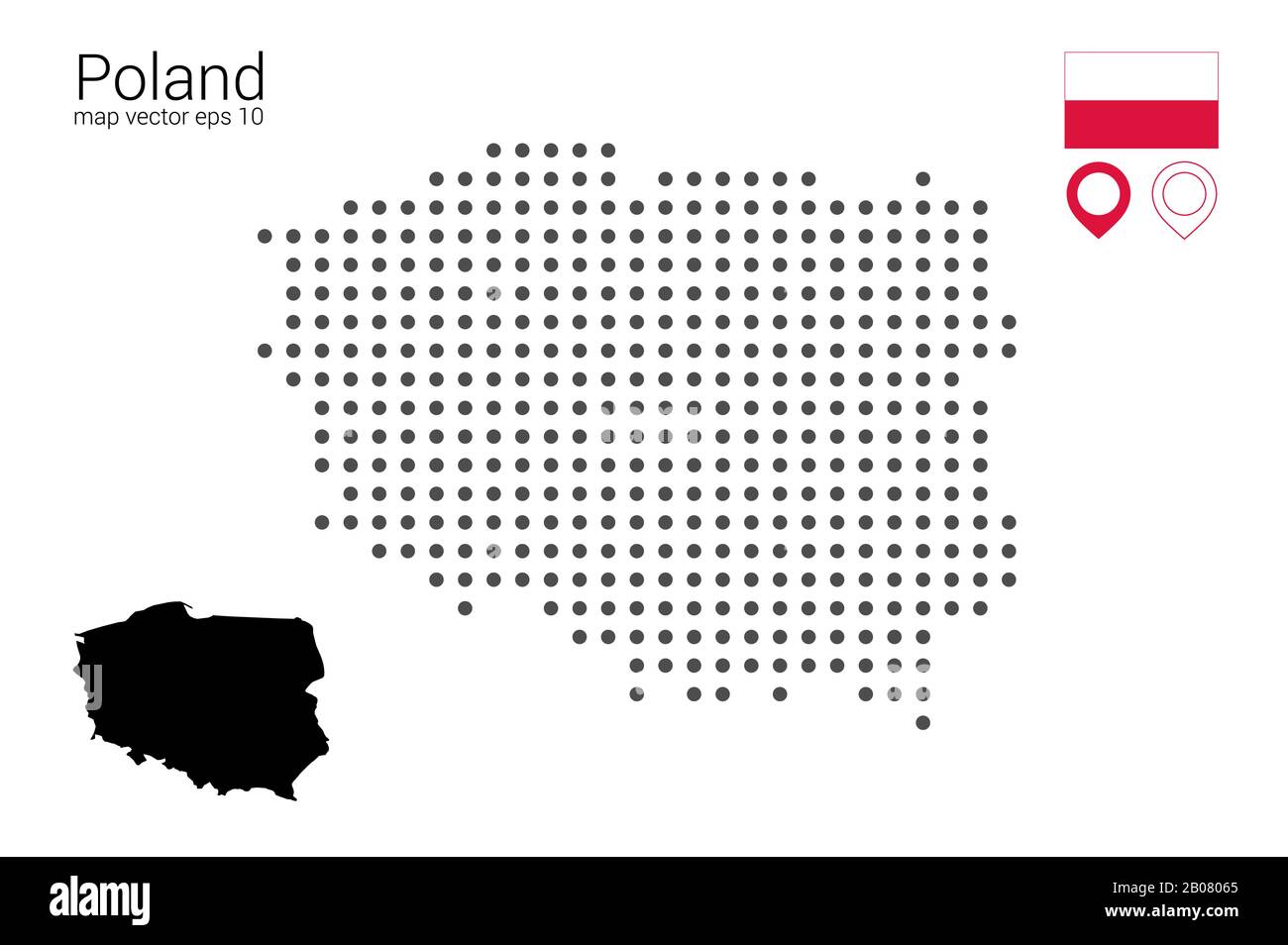 Map of Poland, vector drawing, dotted with flag and map marker. Illustration for design, web, infografrica, print, isolated on a removable white backg Stock Vector