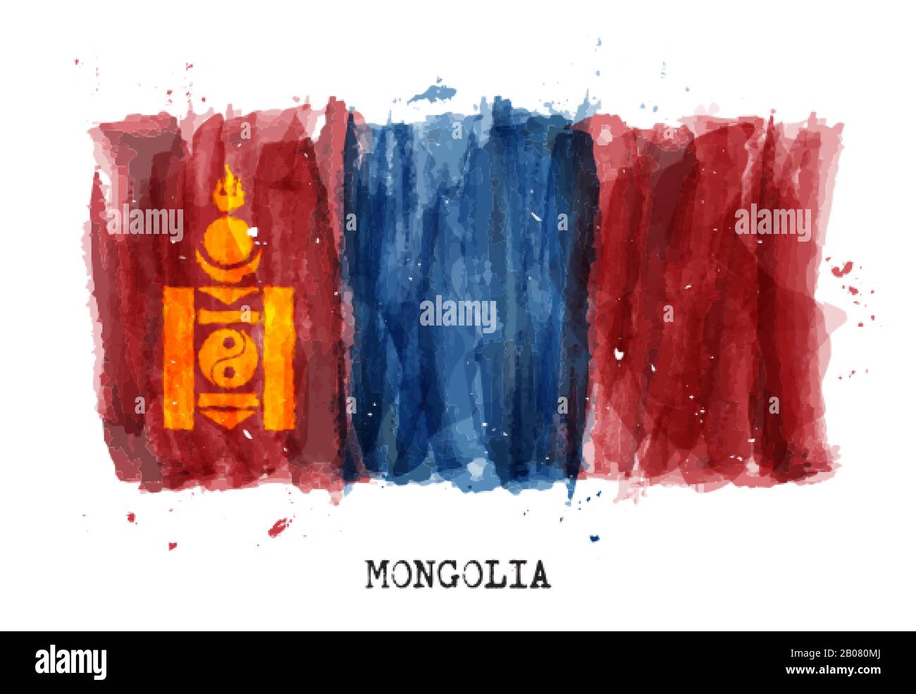 Realistic watercolor painting flag of Mongolia . Vector . Stock Vector