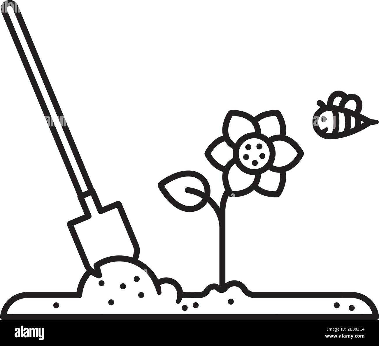 Gardening concept vector line icon. Shovel in soil, flower and bee outline symbol Stock Vector