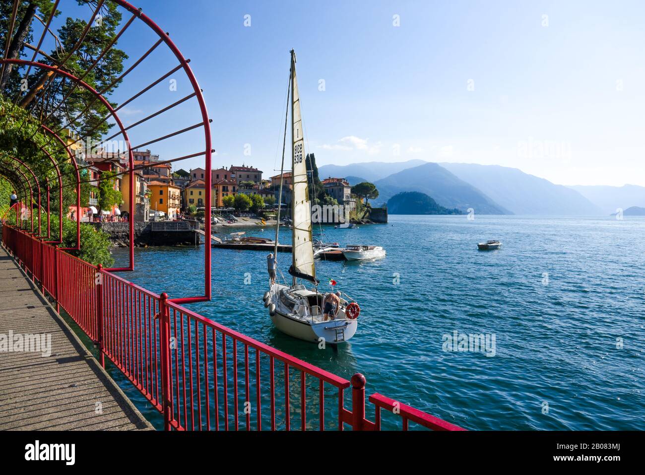 yacht in Varenna, lake Como, lago di Como Stock Photo