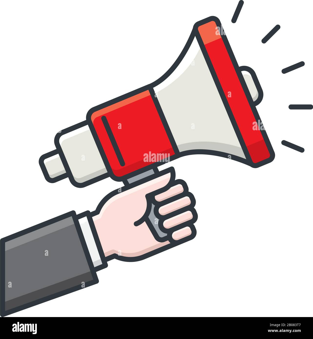 Hand of businessman holding a megaphone isolated vector illustration for Speech Day on March15. Politics, marketiong and advertising symbol. Stock Vector