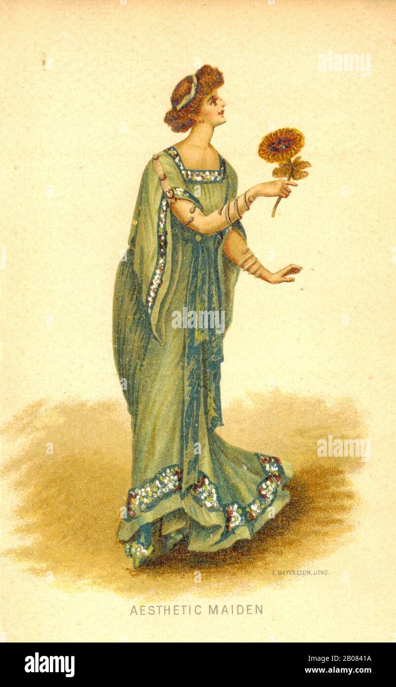 Aesthetic maiden one from a set in 'Johannis' Series of Fancy Costumes a give away card advertising 'Johannis' palatable water 1884 Stock Photo