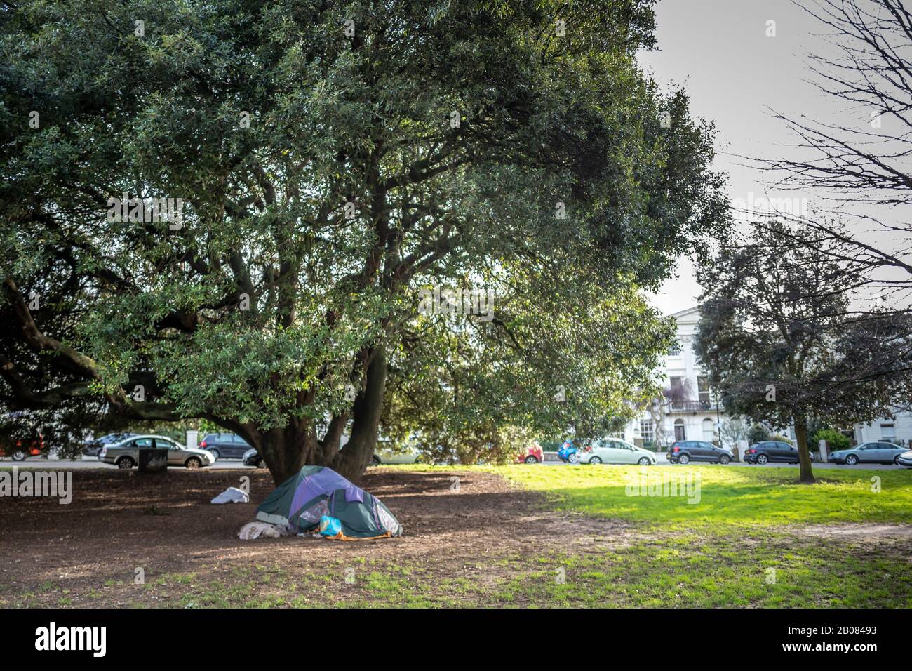 A homeless person's tent pitched in Montpelier Crescent, Brighton Stock Photo