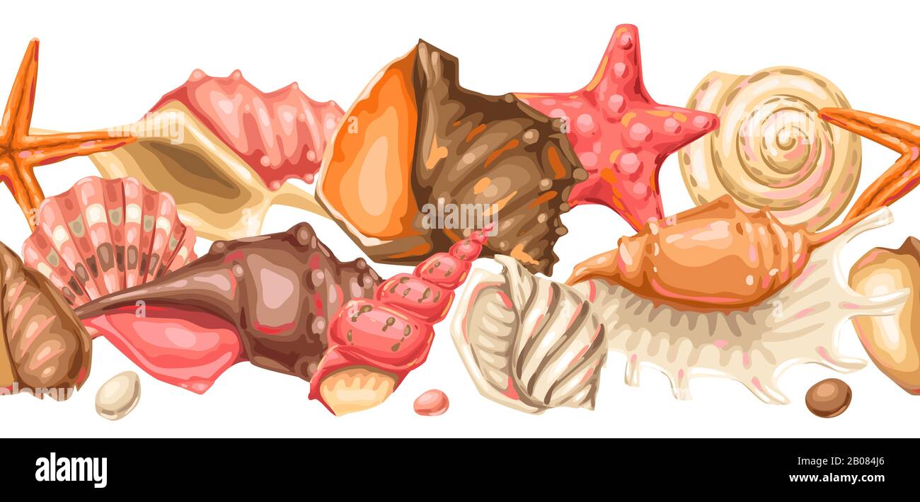 Seamless pattern with seashells. Tropical underwater mollusk shells. Stock Vector