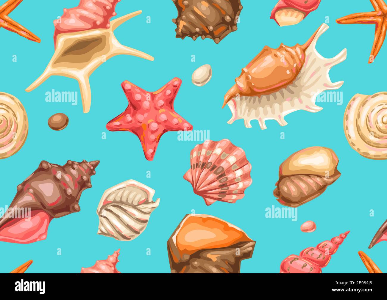 Seamless pattern with seashells. Tropical underwater mollusk shells. Stock Vector