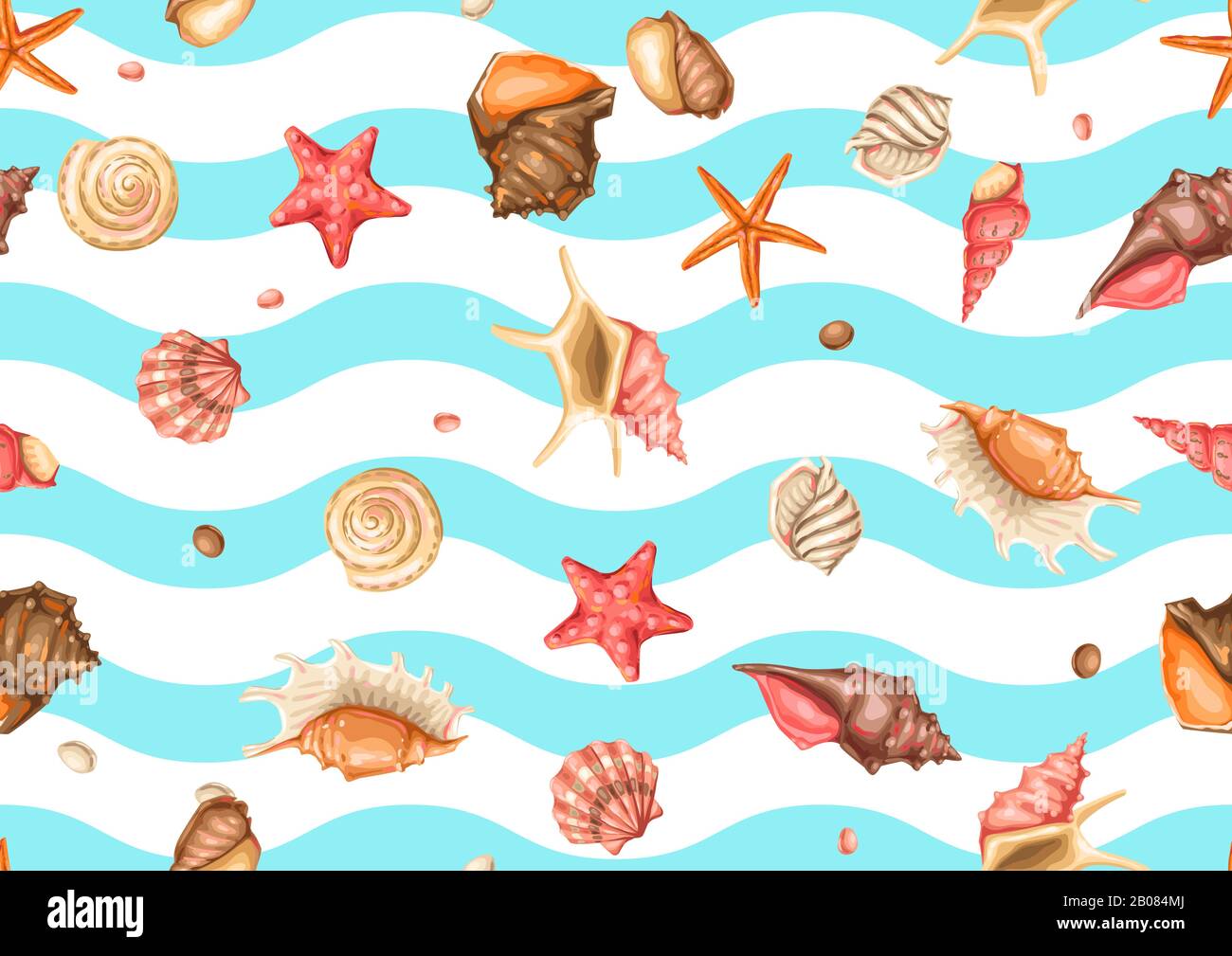 Seamless pattern with seashells. Tropical underwater mollusk shells. Stock Vector