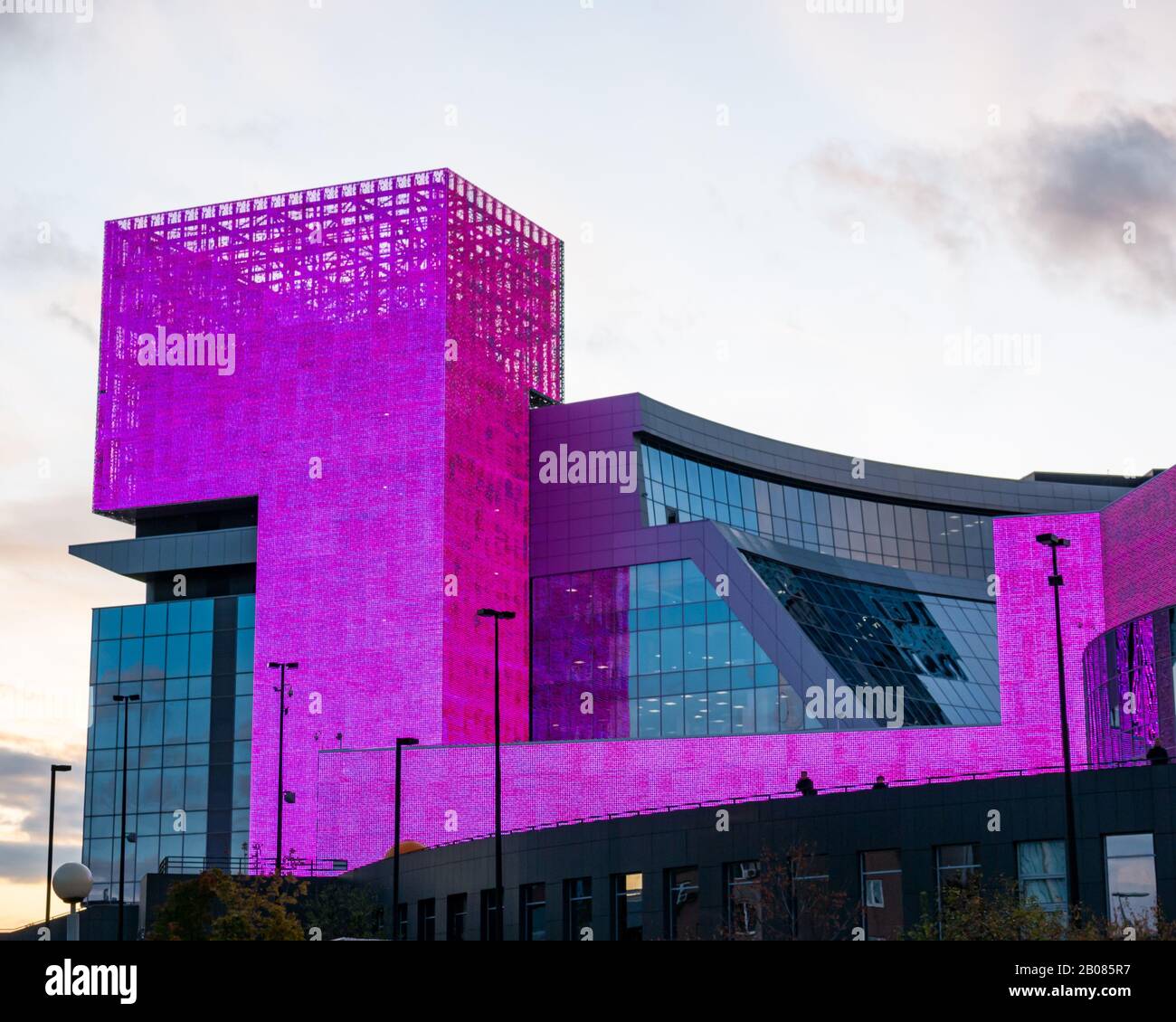 Boris Yeltsin cultural centre lit up at dusk, Yekaterinburg, Siberia, Russian federation Stock Photo