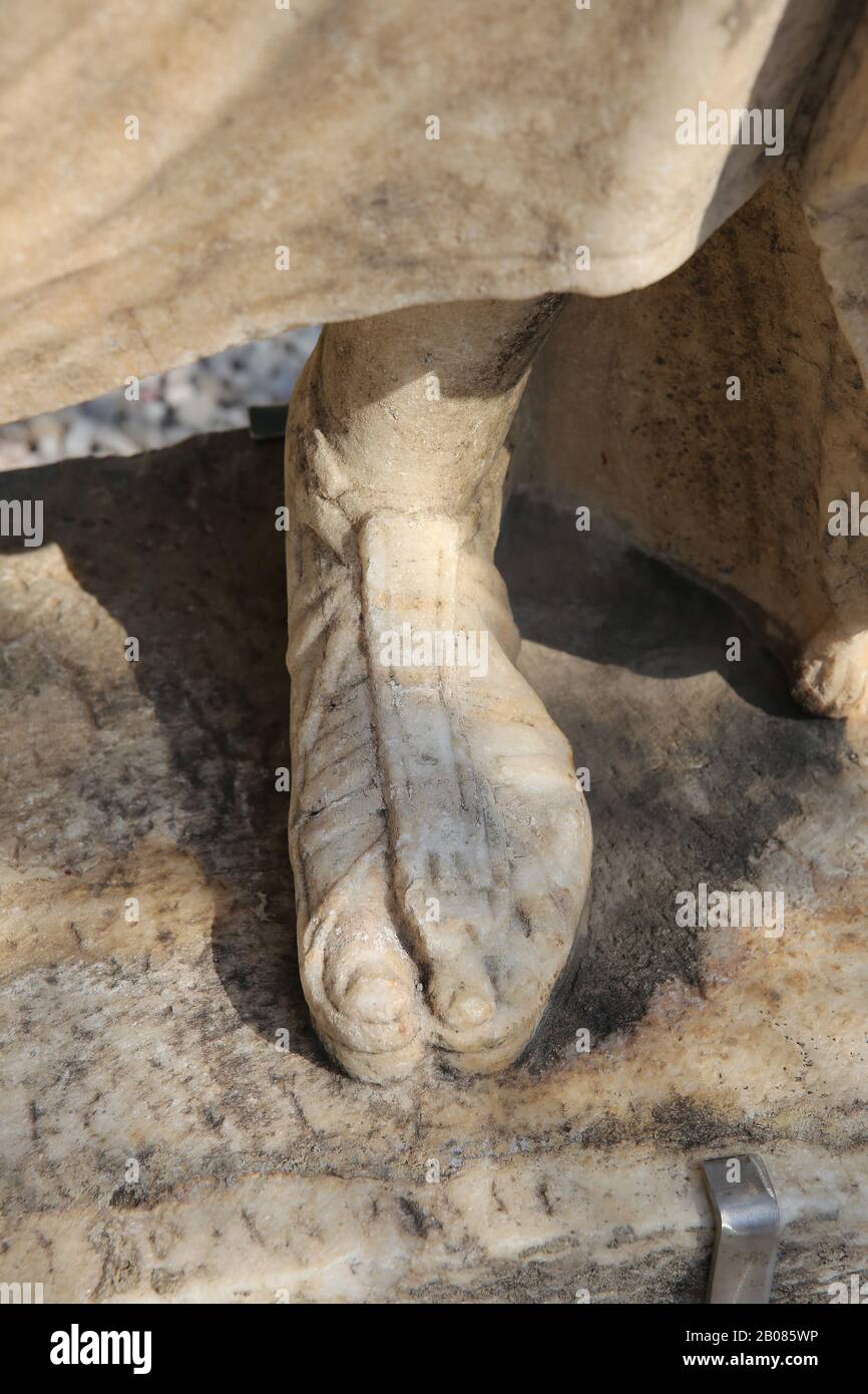 Statue of a governor from Stratonicea (Hadrianapolis). Detail of a sandal. Bodrum Museum of Underwater Archaeology. Turkey. Stock Photo
