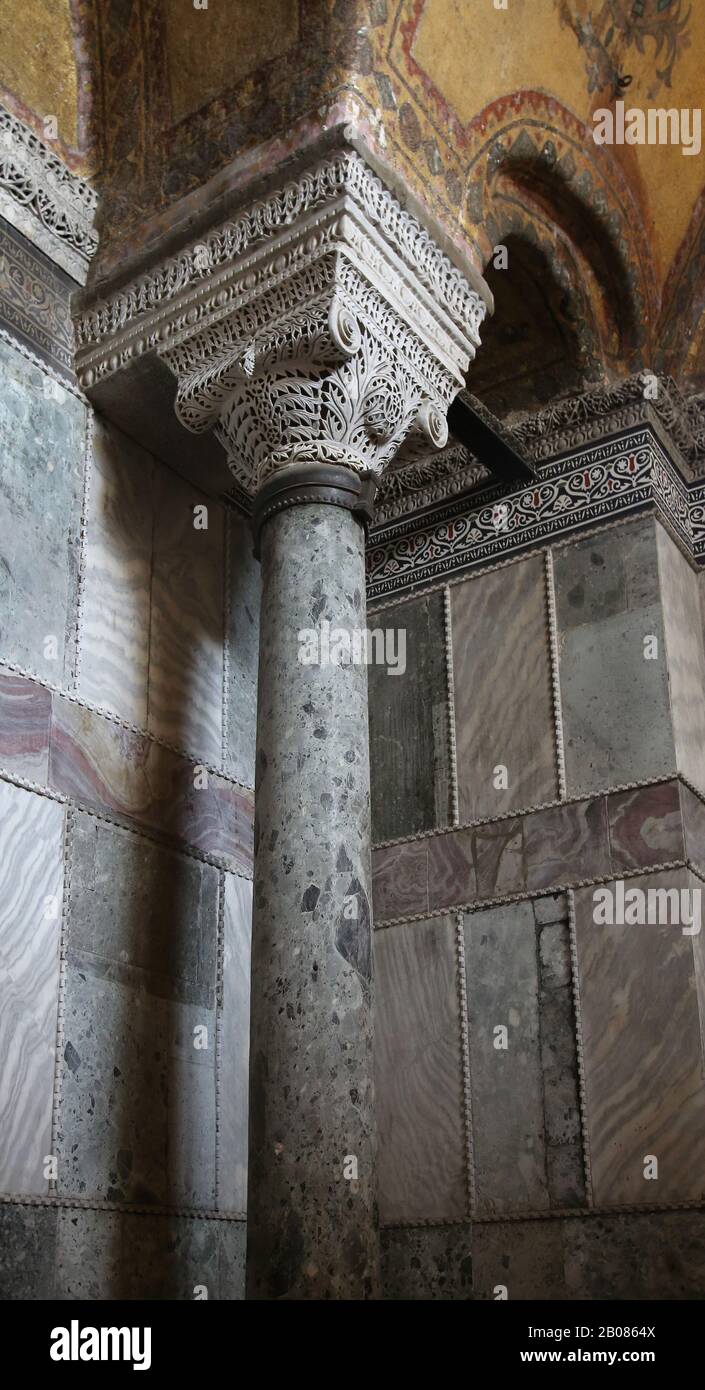 Turkey. Istanbul. Hagia Sofia. Inside. Monogrammed capital of Justinian. Byzantine style. Stock Photo