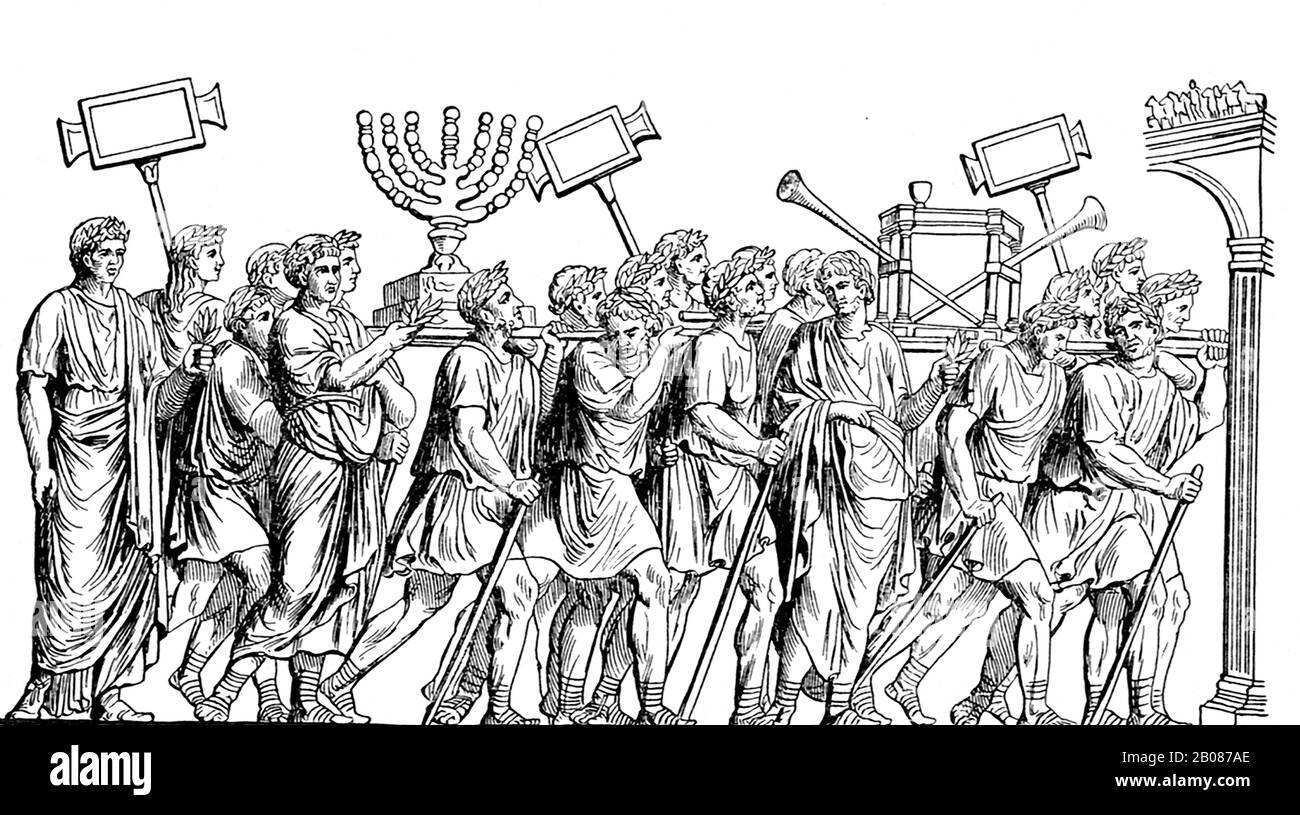 The Roman emperor Domitian erected the Arch  of Titus in rome in memory of his predecessor, Titus who had  ruled as emperor of the Roman Empire from A.D. 78-81. Under Titus, the Romans had sacked the city of Jerusalem. This drawing depicts the relief carved on the arch, showing Romans looting Jerusalem and taking the seven-branched golden cnadlestick (the menorah) from the Jewish temple in the city. Stock Photo