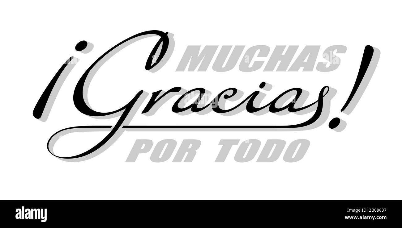 Handwritten lettering in Spanish language Muchas Gracias - Thank you very much. Vector calligraphy isolated phrase with shadow Stock Vector