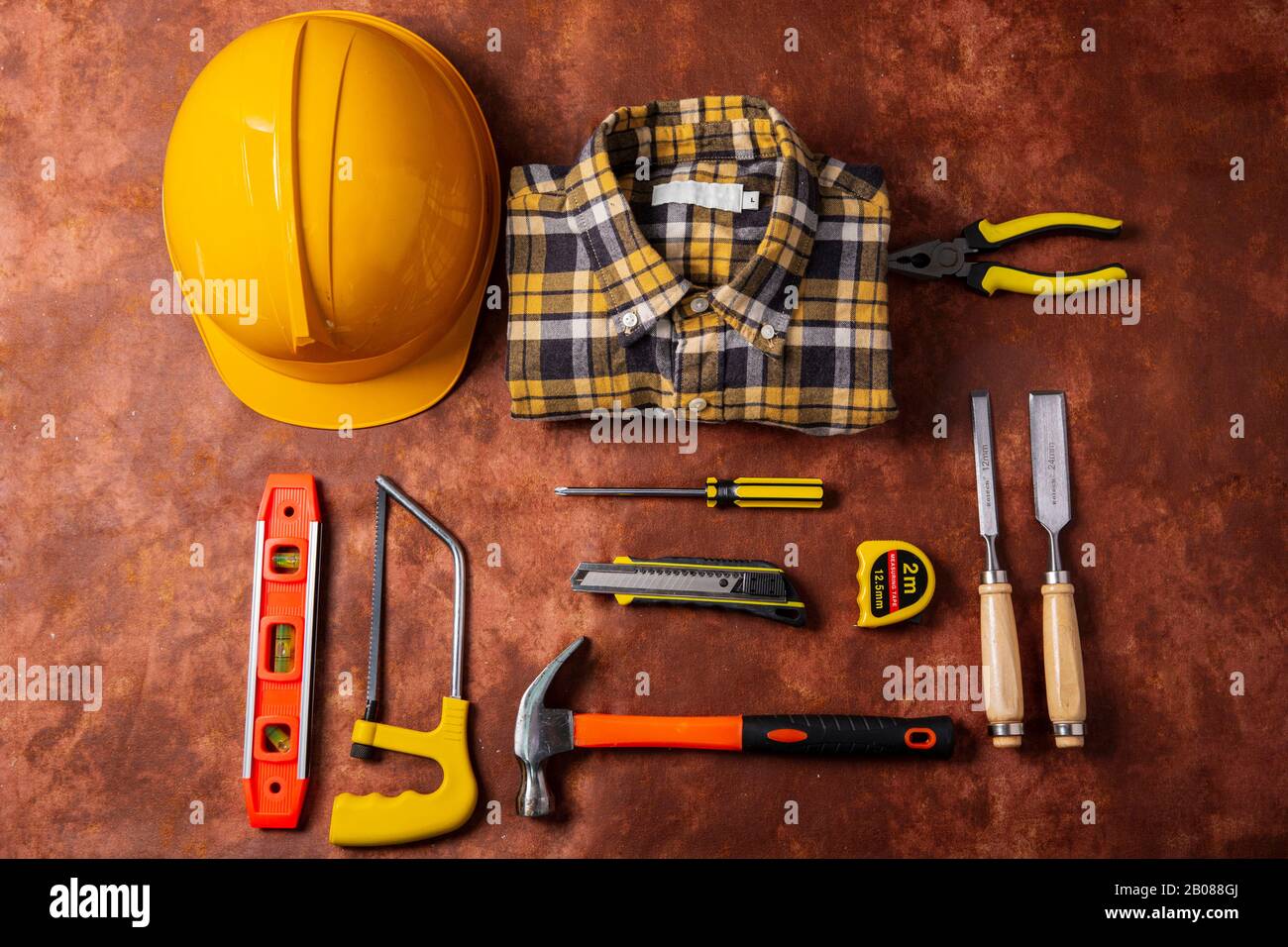 Hand work tools or construction tools top view 049 Stock Photo - Alamy