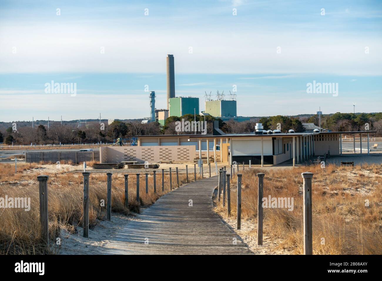 Sandwich Cape Cod Power Plant from Scusset Beach boardwalk in Sagamore