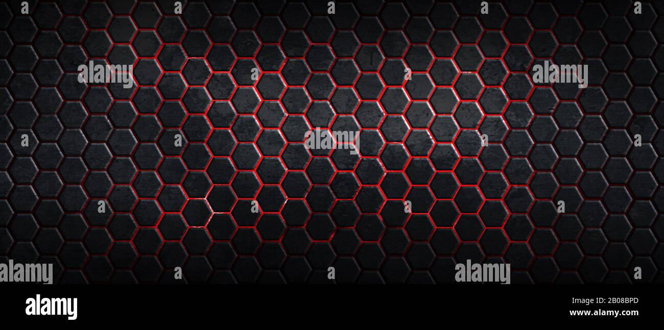 dark hexagon background and red light with real texture. 3d ...