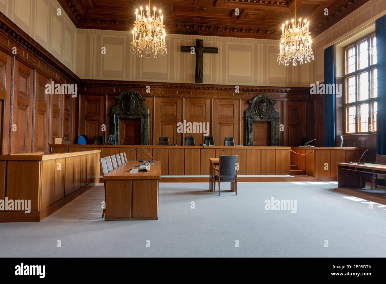 Inside the court room where the Nuremburg Trials were held, in the Memorium Nuremberg Trials, Nuremberg, Bavaria, Germany. Stock Photo